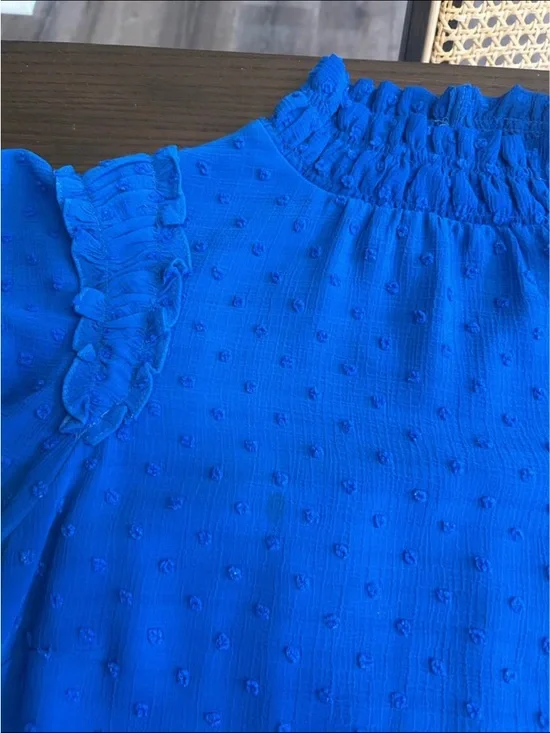 CeCe Royal Blue Smocked Ruffle Cap Sleeve Blouse - Picture 3 of 9